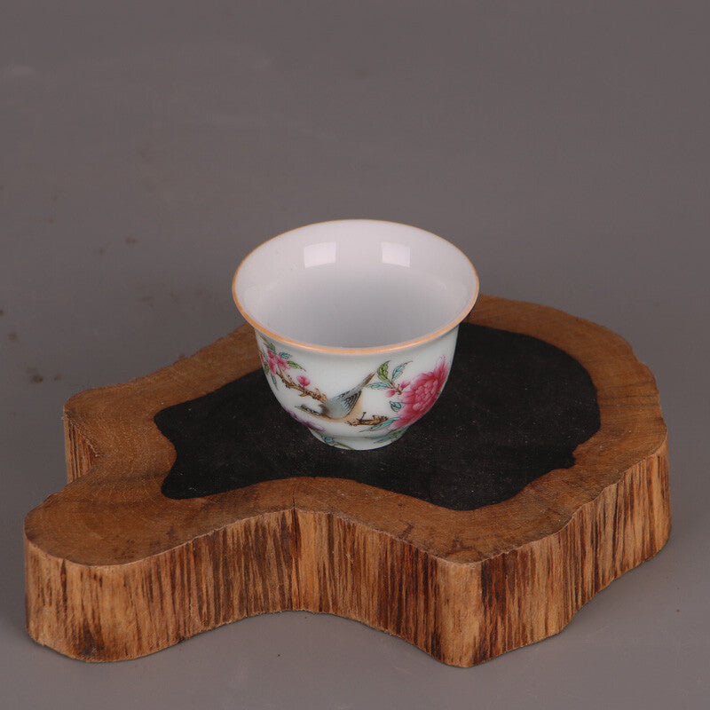 Chinese Famille Rose Porcelain Qing Qianlong Peony Birds Teacup Cup 2.36 inch