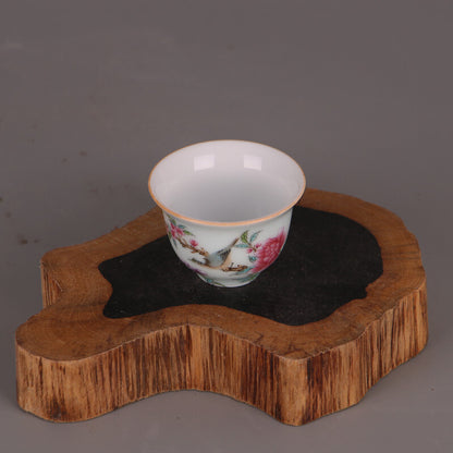 Chinese Famille Rose Porcelain Qing Qianlong Peony Birds Teacup Cup 2.36 inch