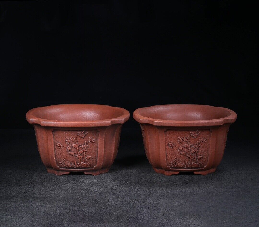 Chinese Yixing Zisha Clay Handmade Exquisite flowerpot (pair) （花盆（一对） 底款：铁画轩）