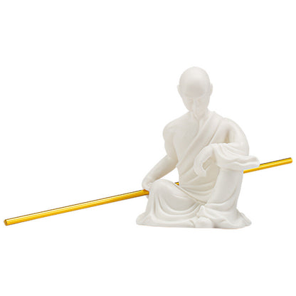 Porcelain Monk Statue Chinese Kungfu Posture Shaolin Monk Boy With Bar Tea Pet