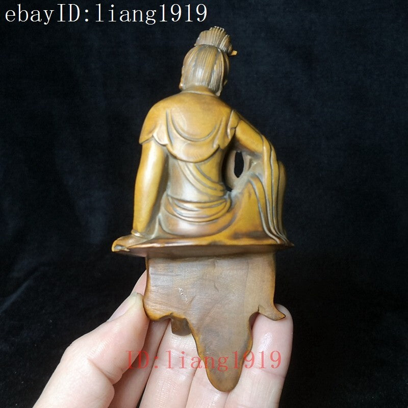 H 5 inch Old Chinese Boxwood Hand Carved Avalokitesvara Kwan-yin Buddha Statue