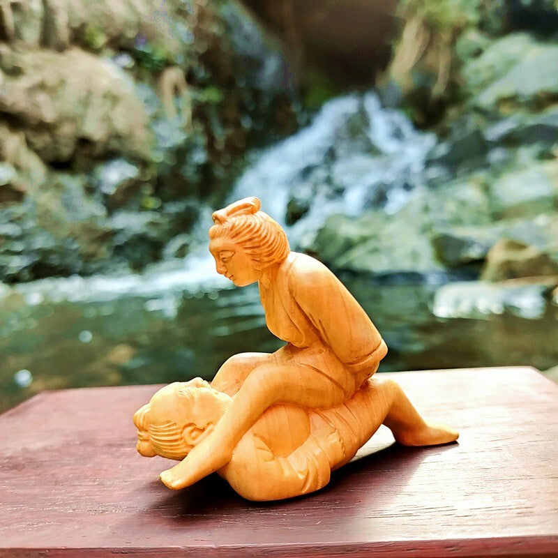 Natural Boxwood Carved Sexing Statue Couples Wood Figure Oriental Style
