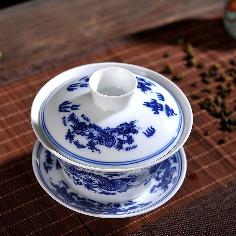 250ml Jingdezhen Blue White Porcelain Dragon Pattern Gaiwan Tea Bowl Kung Fu Tea