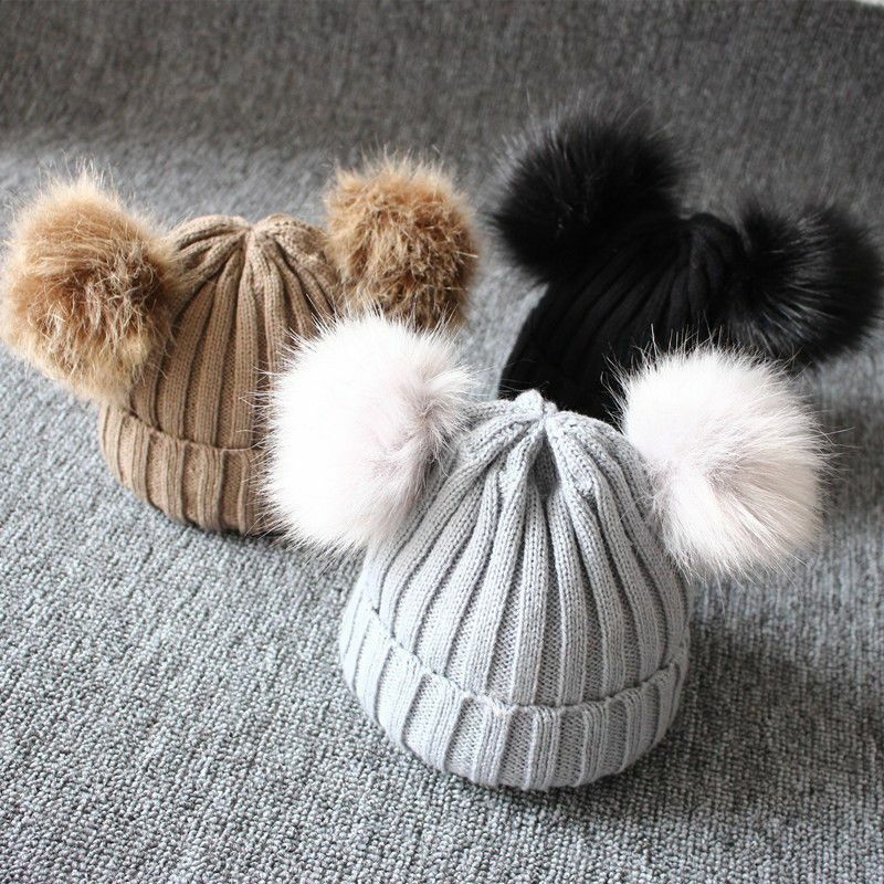Knit Hat Newborn Baby Kid Girls Boys Winter Warm Furry Balls Pompom Solid Lovely