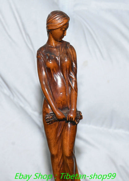 7.1''Old Chinese Boxwood Carving Beauty Beautiful Belle Statue Sculpture
