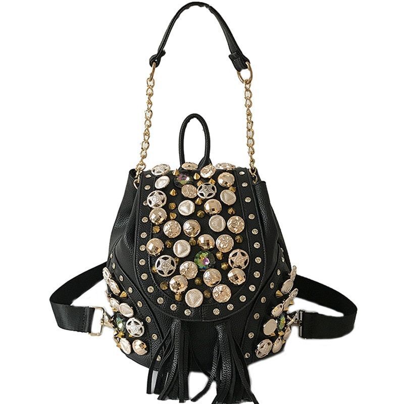 Personalized Single Shoulder Bag Rivet Button Bucket Chain Bag Tassels Backpack