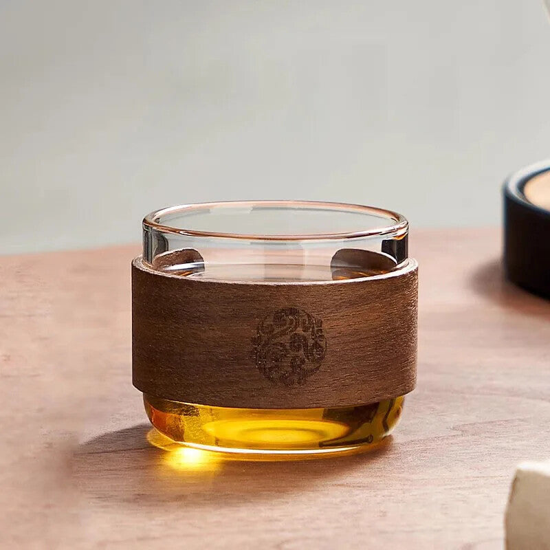 1pc Heat-resistant Glass Tea Cup Set With Wooden Holder Kungfu Tea Master Cup