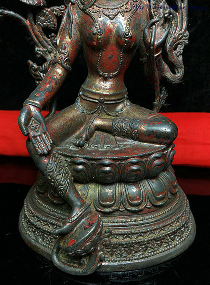 Old Dynasty China Buddhism Tibet Temple Bronze Green Tara Kwan-Yin Buddha Statue
