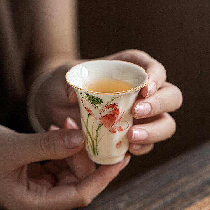 Ceramic Tea Cup Handpainted Chinese Kungfu Cup Scent Cup Floral Designing 45ml