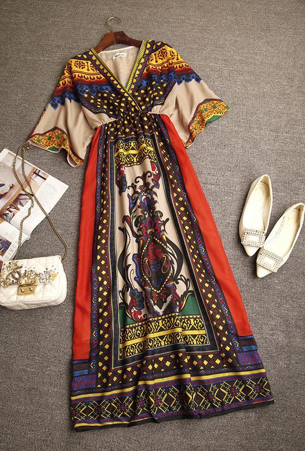 New Women Traditional African Print Party Dresses V-neck Beach Long Dress