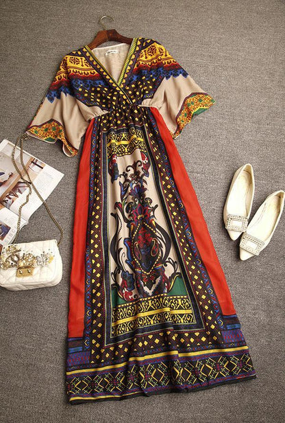 New Women Traditional African Print Party Dresses V-neck Beach Long Dress