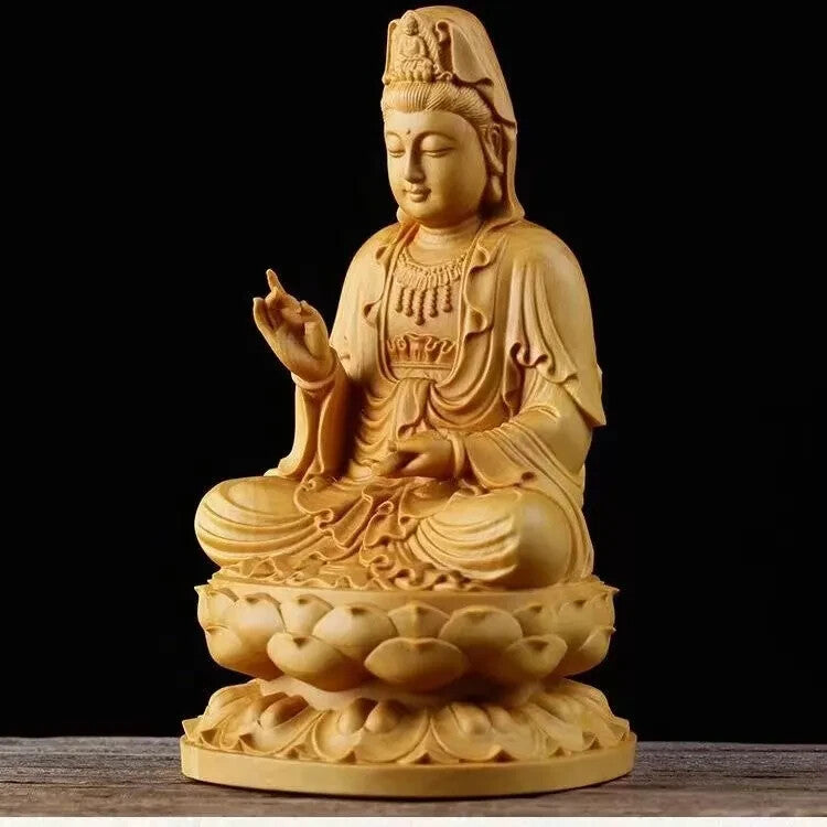 3" Natural Sichuan thuja Wood Carving Kwan-yin Statue Home Office Fengshui Decor