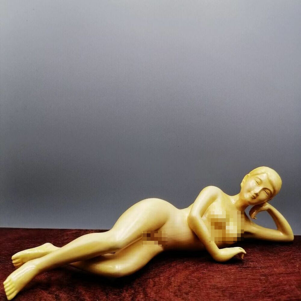7" Chinese Boxwood Huang-yang Wood Carving Girl Statue