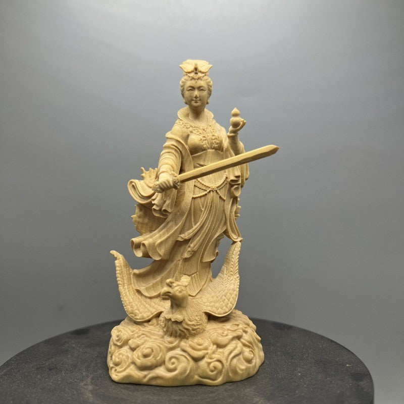 4.8" Boxwood Carved Mysterious Maiden Nine Heaven Statue Taoism Deity Collection