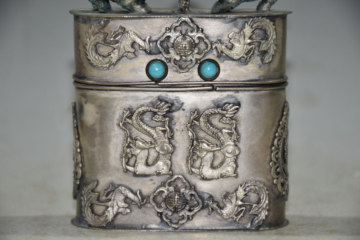 Silver-Plated Copper Dragon Phoenix Qilin Box 8cm Turquoise Inlay