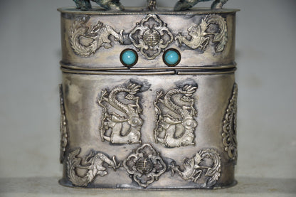 Silver-Plated Copper Dragon Phoenix Qilin Box 8cm Turquoise Inlay
