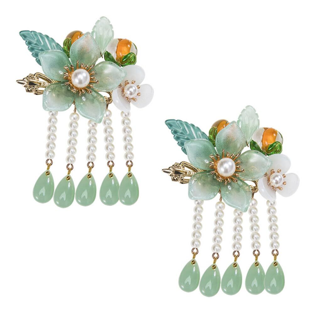 Wedding Decor 1 Pair Chinese Hair Clips Tassel Hair Barrettes Jade Ponytail