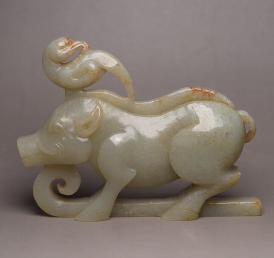 Chinese Old Natural Hetian Jade Hand Carved Pig Statue Figurines Art Work Rare