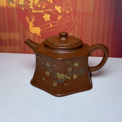 Vintage China Yixing Purple Clay Teapot Zisha Ceremony Painted Flower Bird Rare