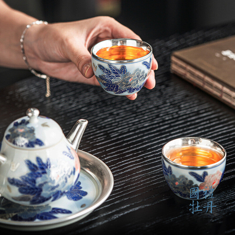 Boutique Tea Set Ceramic Pure Silver Tea Pot Gaiwan Matching Tea Cup Handpainted