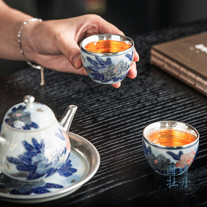 Boutique Tea Set Ceramic Pure Silver Tea Pot Gaiwan Matching Tea Cup Handpainted