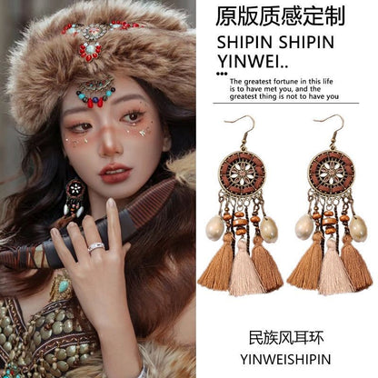 Bohemian Tassel Earrings - Shell Accent Maillard Tone Dangle Drops