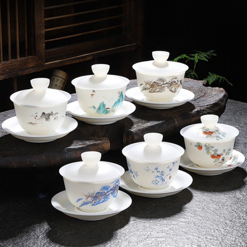 Jade Porcelain Gaiwan Hand Drawing Boutique Tureen Cup Saucer Lid Sancai Bowl