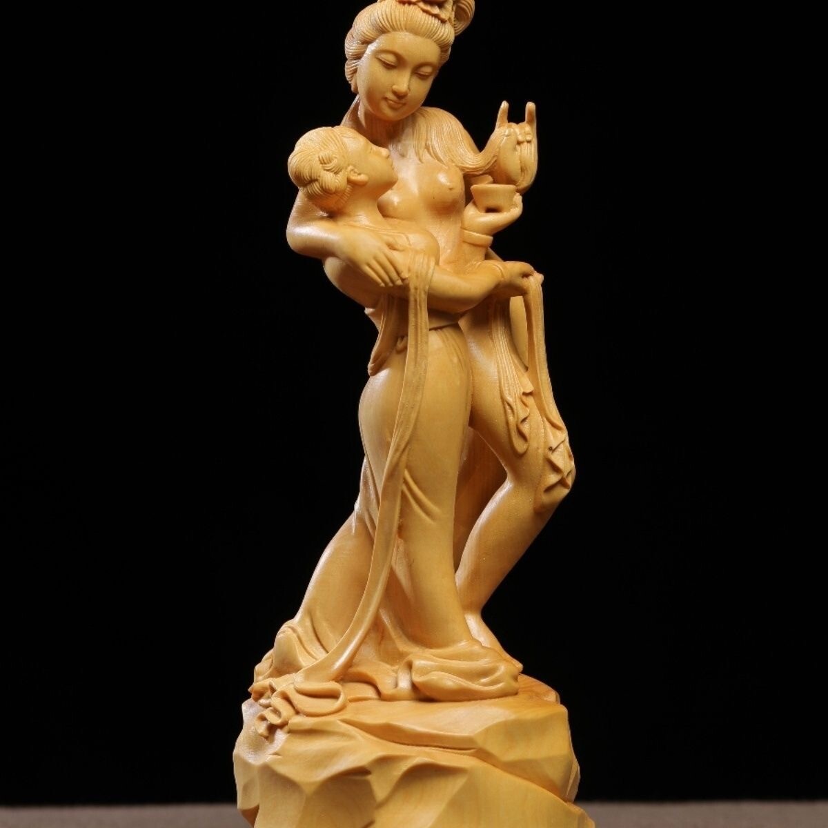 8" Boxwood Carved Lesbian Statue Lover Drinking Figurine Home Decor