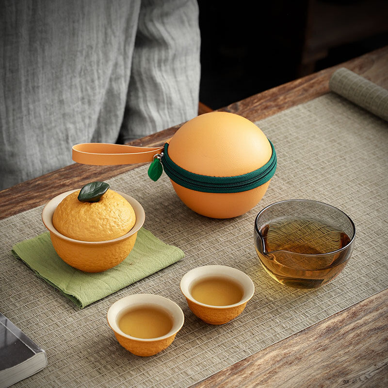Travel Tea Set Ceramic Gaiwan Matching Tea Cup Glass Pitcher Towel Portable Bag