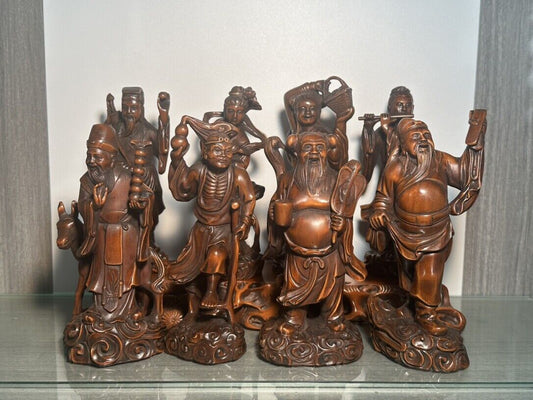Chinese Wood Carved Boxwood Eight Immortals Statue Sculptures Home Decor Artwork