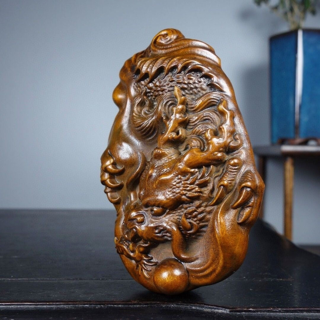Chinese Boxwood Exquisite Dragon Statue Loong Two-sided Carving Desktop Decor