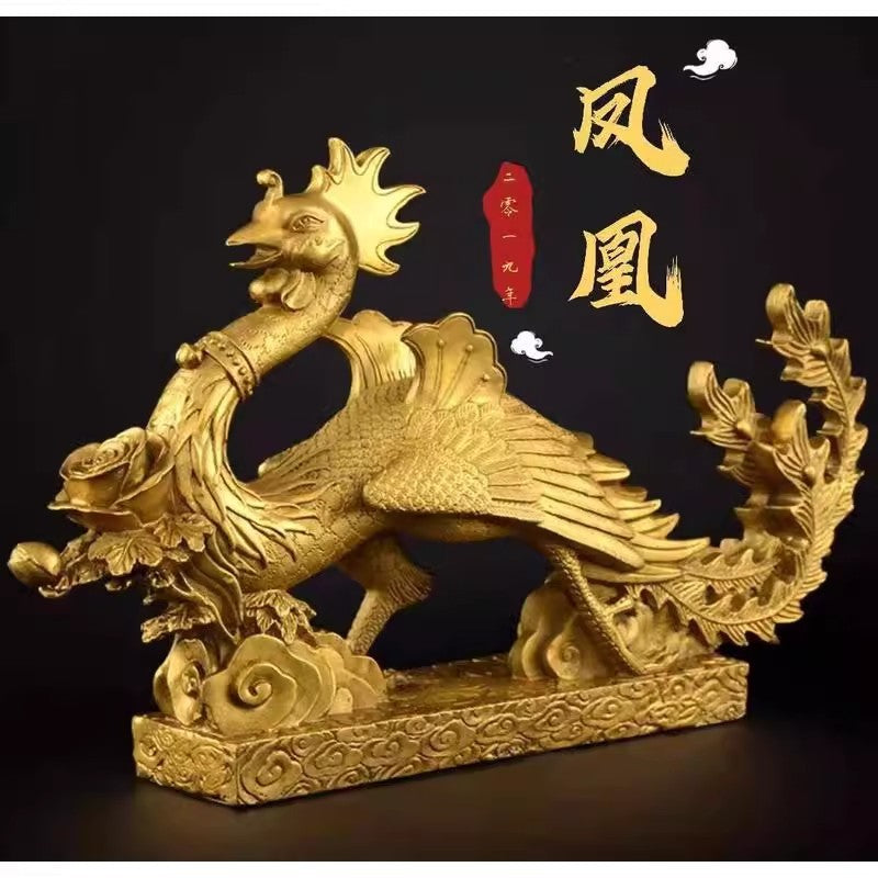 12" Brass Chinese Phoenix Statue Amulet Sculpture Feng Shui New Year Home Decor