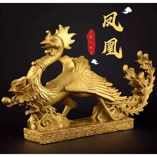 12" Brass Chinese Phoenix Statue Amulet Sculpture Feng Shui New Year Home Decor