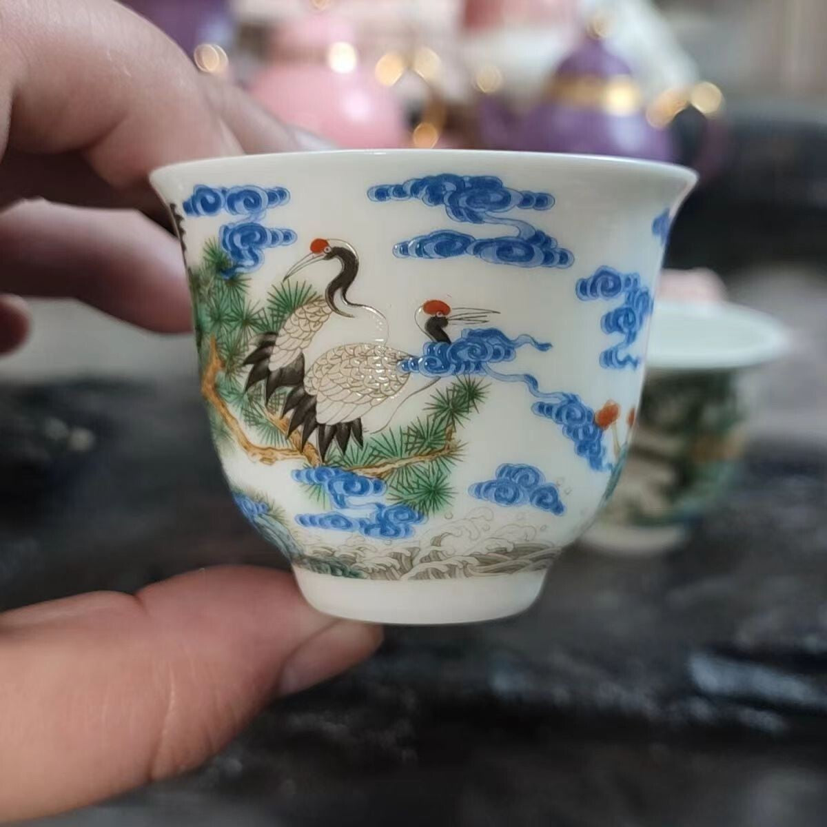 chinese jingdezhen porcelain enamel color tea cup ：crane