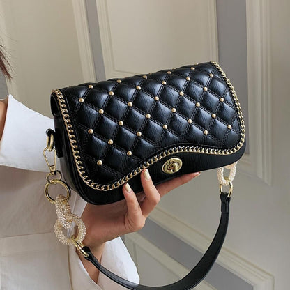 Lattice Rivet Square Underarm Bag Synthetic Leather Shoulder Bag 23*6*14CM Purse