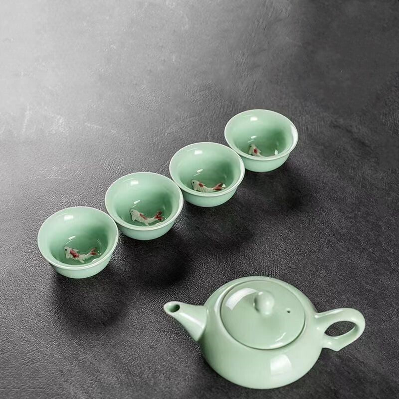 New Set Chinese Celadon Porcelain Teapot With Fish Tea Cup