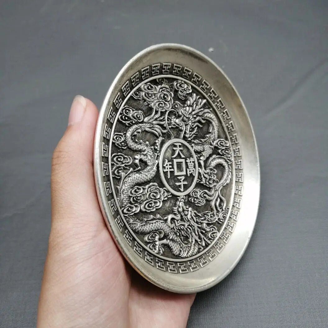 Chinese silver engraving favors "Ssangyong" plate metal crafts decoration -