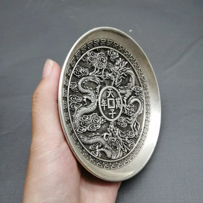 Chinese silver engraving favors "Ssangyong" plate metal crafts decoration -