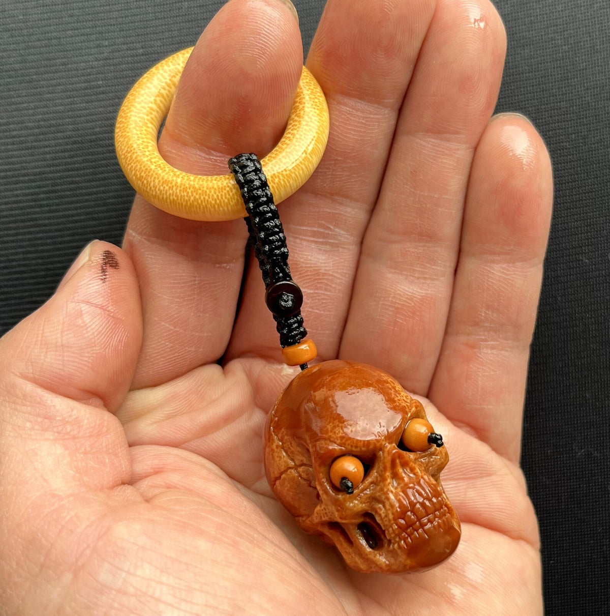 Olive Nut Carved Skull Bead Necklace Buddhist Mala Artisan Handmade Rosary