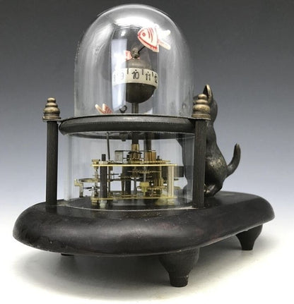 Brass Cat Catching Fish Clock Table Clock Retro Craft Lucky Feng Shui Ornaments