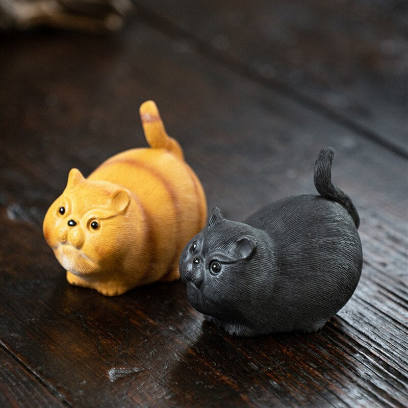 Chinese Yixing Sculpture Purple Clay Tea Pet Cute Luck Cat Statue Tea Figurine