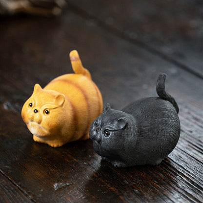 Chinese Yixing Sculpture Purple Clay Tea Pet Cute Luck Cat Statue Tea Figurine