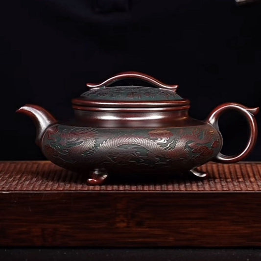 Yixing Zisha Double Dragon Tripod Teapot 350ml Gongfu Tea Gift Pot