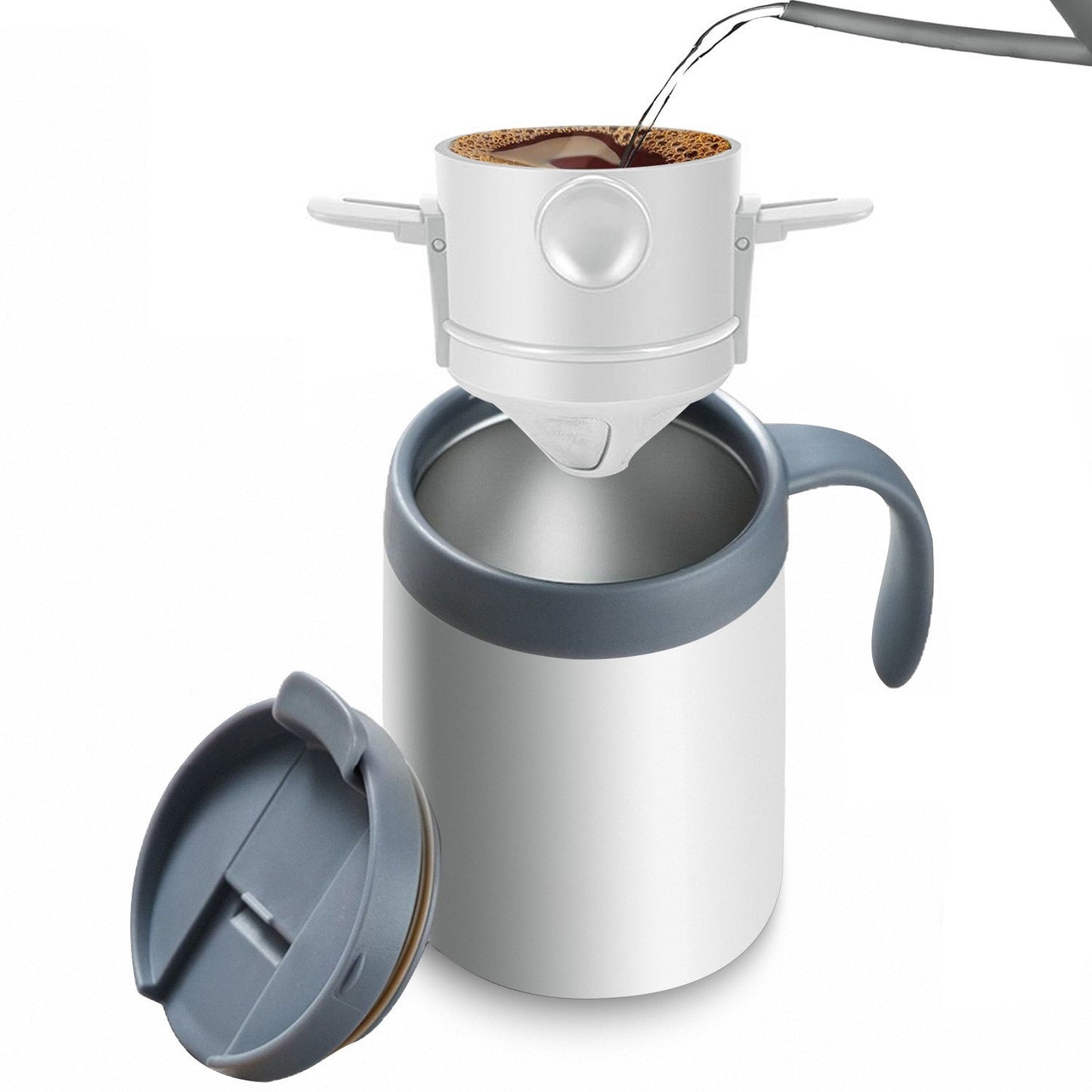 Portable Insulated Coffee Mug with Drip Filter - Stainless Steel Hand Brew Kit