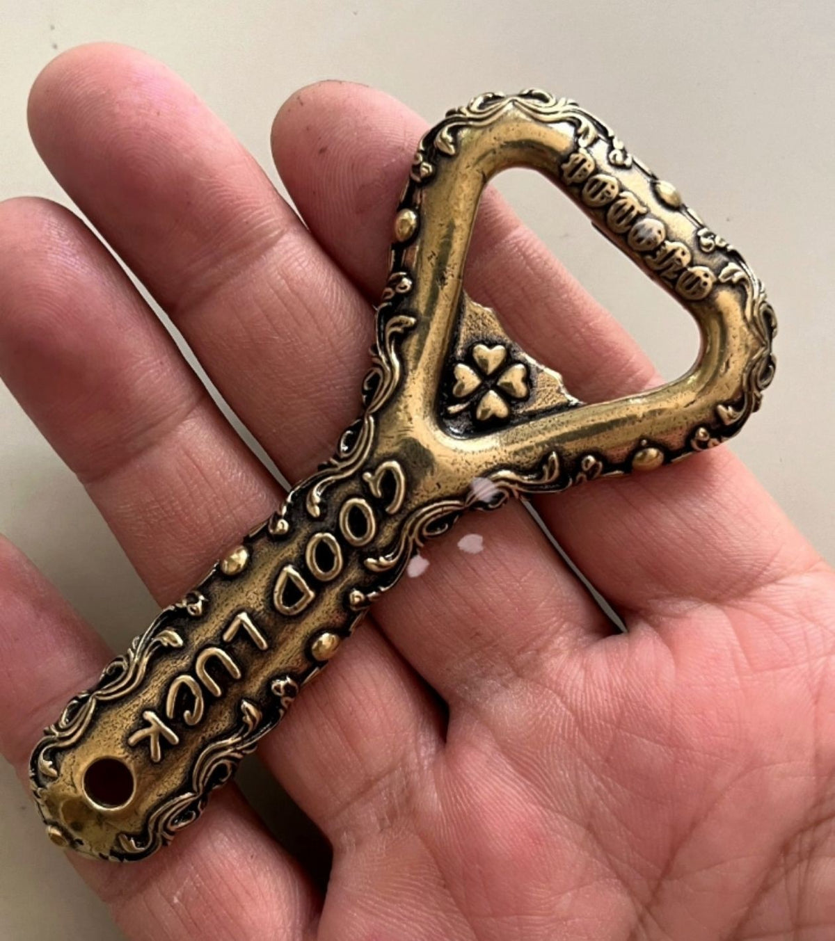 Vintage Brass Beer Bottle Opener Carved Good Luck Copper Opener
