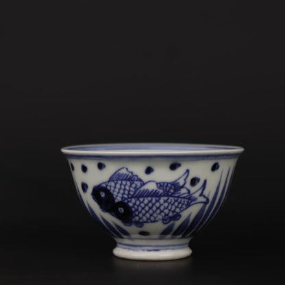 3.5" Collect Chinese Ming Blue-and-white Porcelain Animal Fish Fishalgae Cup