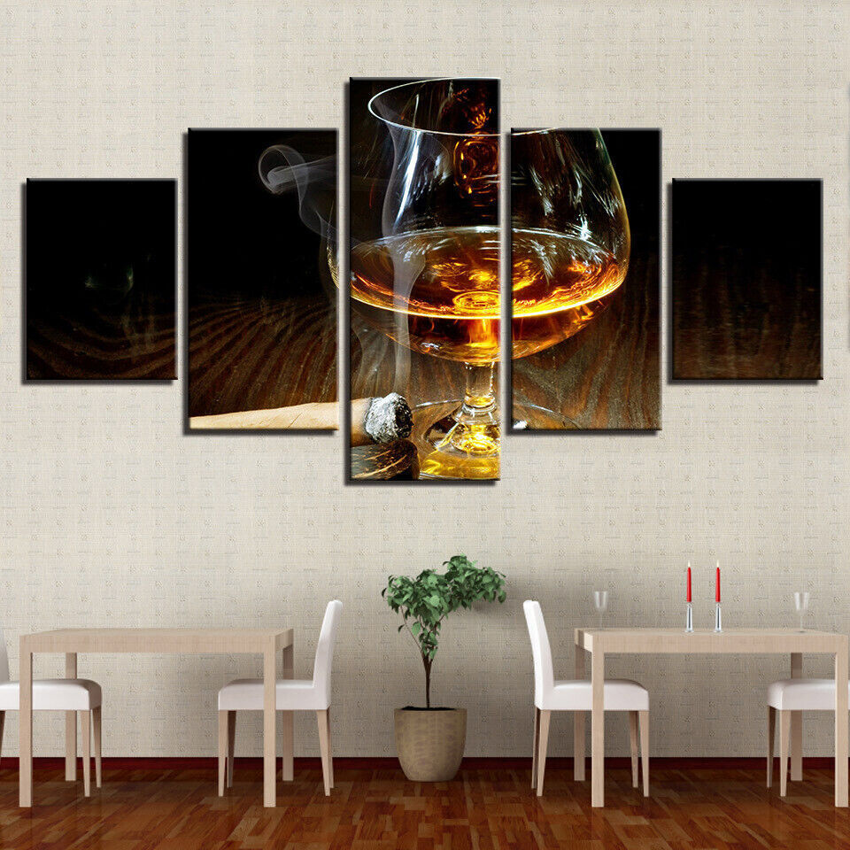 Cigarette Alcohol Glass Cigar Canvas Prints Painting Wall Art Home Decor 5PCS
