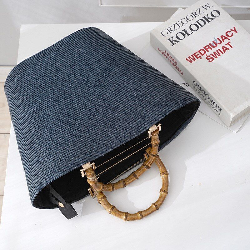 Fashion Bag Shoulder Striped Straw Bamboo Handle Handbag Woven Bags Purse Hasp