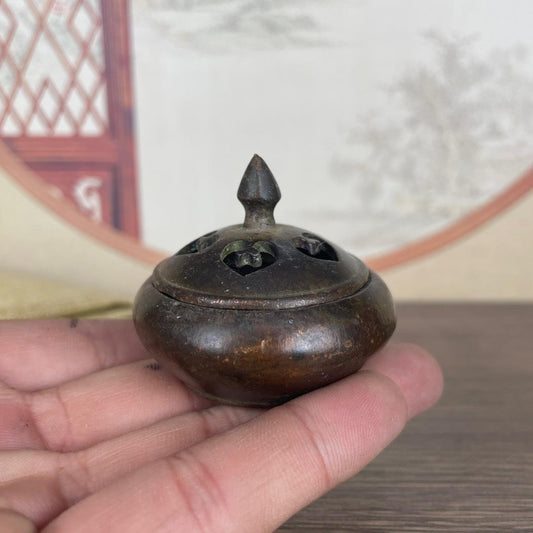 1.5" Diameter China Retro Antique Copper Alloy Incense Burner With Lid Ornament