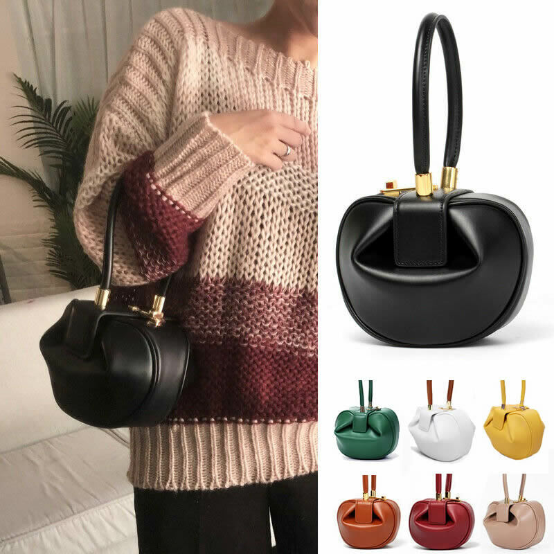 Real Leather Wonton Round Pouch Clutch Purse Top Handle Tote Handbag Grab Bag